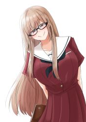 Rule 34 | 1girl, bag, black-framed eyewear, black neckerchief, blush, breasts, furen e lustario, furen e lustario (school uniform), glasses, half-closed eyes, highres, large breasts, leaning to the side, long hair, looking at viewer, neckerchief, nijisanji, official alternate hairstyle, pleated skirt, red eyes, red serafuku, red shirt, red skirt, sailor collar, school bag, school uniform, sei no ji, serafuku, shirt, short sleeves, simple background, skirt, smile, solo, very long hair, virtual youtuber, white background, white sailor collar