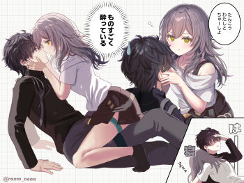 1boy 1girl absurdres black_hair black_shirt black_skirt black_socks bra_strap commentary_request couple dan_heng_(honkai:_star_rail) earrings eye_contact face-to-face green_eyes grey_hair grey_pants grid_background hands_on_another's_face hetero highres honkai:_star_rail honkai_(series) jewelry long_hair looking_at_another multiple_views no_jacket no_shoes pants ronm_nena shirt short_hair sitting sitting_on_person skirt sleeping sleeping_on_person socks speech_bubble stelle_(honkai:_star_rail) sweatdrop thigh_strap trailblazer_(honkai:_star_rail) translation_request twitter_username white_background white_shirt yellow_eyes zzz