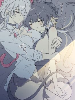 2girls asymmetrical_docking bare_shoulders black_bow black_choker black_shorts bow breast_press breasts choker closed_eyes closed_mouth collared_shirt commentary_request earrings female_rover_(wuthering_waves) hair_bow hair_ribbon highres hug jewelry key_earrings large_breasts long_hair low_ponytail mole mole_on_breast multiple_girls mutii necktie ponytail ribbon rover_(wuthering_waves) shirt short_shorts shorts sleeping thighs triangle_earrings undone_necktie white_hair white_shirt wuthering_waves yellow_ribbon zani_(wuthering_waves) zzz