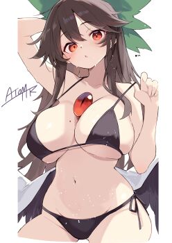 1girl absurdres bikini bikini_pull black_bikini black_hair black_wings bow breasts cape cleavage clothes_pull commentary_request cowboy_shot green_bow groin hair_bow hair_flaps highres large_breasts long_hair looking_at_viewer mole mole_on_breast navel open_mouth pulling_own_clothes red_eyes reiuji_utsuho signature simple_background solo swimsuit tetsurou_(fe+) third_eye touhou white_background white_cape wings