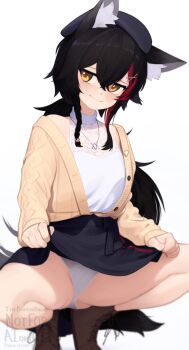 1girl animal_ear_fluff animal_ears beret black_hair black_hat black_skirt blush boots braid braided_sidelock brown_boots clothes_lift commentary english_commentary english_text hair_between_eyes hair_ornament hairclip hat highres hololive jacket jewelry lace-up_boots lifting_own_clothes long_hair long_sleeves looking_at_viewer low_ponytail multicolored_hair ookami_mio ookami_mio_(street) orange_eyes panties pendant ponytail red_hair shirt side_braid simple_background single_braid skirt skirt_lift sleeveless sleeveless_shirt solo spread_legs squatting streaked_hair tail two-tone_hair underwear virtual_youtuber watermark white_background white_panties white_shirt wolf_ears wolf_girl wolf_tail x_hair_ornament yellow_jacket yoako