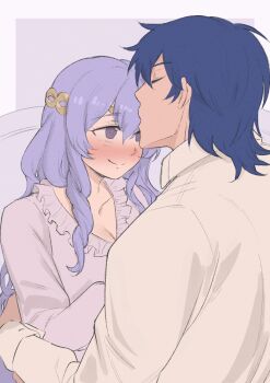 Rule 34 | 1boy, 1girl, blue hair, blush, breasts, cleavage, collared shirt, commentary, couple, deirdre (fire emblem), ebinku, english commentary, fire emblem, fire emblem: genealogy of the holy war, frilled shirt collar, frills, from behind, from side, happy, hetero, highres, hug, kiss, kissing forehead, large breasts, long hair, long sleeves, looking at another, nintendo, purple eyes, purple hair, shirt, sigurd (fire emblem), smile