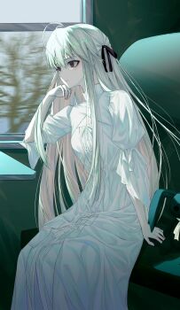 1girl absurdres black_eyes dress expressionless highres kasugano_sora long_hair looking_to_the_side sitting solo sorala_(artist) stuffed_animal stuffed_rabbit stuffed_toy train_interior twintails very_long_hair white_dress white_hair window yosuga_no_sora