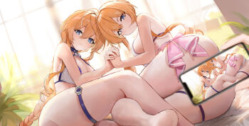 2girls absurdres ahoge ass azur_lane bikini blonde_hair blue_eyes braid braided_ponytail cellphone cellphone_photo commentary date_a_live highres holding lock long_hair looking_at_viewer lying multiple_girls on_side padlock padlocked_collar phone siblings sisters smartphone smile suo_bu_ye_feng swimsuit taking_picture thigh_strap white_bikini yamai_kaguya yamai_kaguya_(blue_ocean_rendezvous) yamai_yuzuru yamai_yuzuru_(blue_ocean_rendezvous)