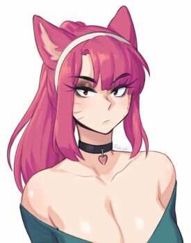 1girl animal_ears bare_shoulders black_choker breasts brown_eyes cat_ears cat_girl choker cleavage collarbone commentary english_commentary facial_mark highres large_breasts long_hair looking_at_viewer original red_hair rob_ishi solo whisker_markings
