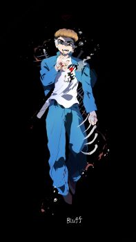 Rule 34 | 1boy, arm at side, bandaid, bandaid on finger, bandaid on hand, baseball bat, black background, blonde hair, blood, blood from mouth, blood on clothes, blood on hands, blood on shoes, blue jacket, blue pants, cigarette, clenched hand, commentary request, crew neck, dropping, english text, full body, gauze, gauze on face, gauze on hand, green eyes, grey shoes, hand up, heart, highres, jacket, kasai (rokudenashi blues), looking at viewer, male focus, metal baseball bat, open clothes, open jacket, open mouth, pants, partial commentary, rokudenashi blues, ruchi (nxje5533), shirt, shoes, simple background, skeleton, smoke, solo, straight-on, sweat, teeth, weapon, weapon on back, white shirt