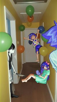 +_+ 1girl 3boys 65rikachan aubrey_(headspace)_(omori) aubrey_(omori) balloon barefoot black_eyes black_hair black_socks black_tank_top blue_shirt blush brothers checkered_clothes closed_mouth colored_skin commentary door grin hashtag-only_commentary hero_(headspace)_(omori) hero_(omori) highres holding holding_knife holding_stuffed_toy indoors kel_(headspace)_(omori) kel_(omori) kneehighs knife long_shirt looking_at_another looking_at_viewer mr._plantegg_(omori) multiple_boys navel omori omori_(omori) open_mouth pajamas photo_background purple_hair purple_shorts shirt short_hair short_sleeves shorts siblings smile socks striped_clothes striped_pajamas striped_shorts stuffed_animal stuffed_eggplant stuffed_toy t-shirt tank_top teeth vertical-striped_clothes vertical-striped_pajamas vertical-striped_shorts white_pajamas white_shorts white_skin