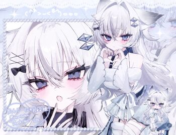 Rule 34 | 0zz uu, animal ear fluff, animal ears, bow, commission, diamond hair ornament, dress, hair bow, hair ornament, hairpin, hashtag-only commentary, heart, heart hands, highres, multiple hairpins, open mouth, original, purple eyes, skeb commission, white dress, white hair