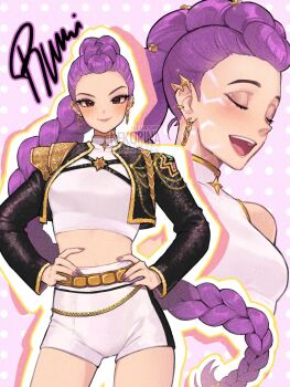 1girl artist_name bare_shoulders black_jacket braid breasts brown_eyes chain chain_earrings character_name chest_strap closed_eyes closed_mouth cowboy_shot crop_top cropped_jacket earrings facial_mark gold_trim hands_on_own_hips highres jacket jewelry kpop_demon_hunters long_hair looking_at_viewer medium_breasts midriff multiple_earrings multiple_views music nail_polish neko-rina open_mouth purple_background purple_hair purple_nails rumi_(kpop_demon_hunters) shirt short_shorts shorts singing single_braid sleeveless sleeveless_turtleneck smile solo turtleneck upper_body very_long_hair white_shirt white_shorts