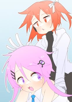 Rule 34 | 2girls, a.i. voice, adachi rei, black shirt, cevio, fee (cevio), hair between eyes, hair ornament, hashtag-only commentary, highres, jacket, kinazuki, long hair, medium hair, multiple girls, one side up, open clothes, open jacket, open mouth, orange eyes, orange hair, pink hair, purple eyes, shirt, sleeveless, sleeveless shirt, utau, white jacket