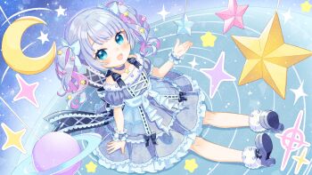 1girl :d blue_dress blue_hair blush collarbone commentary_request crescent dress frilled_dress frilled_wrist_cuffs frills full_body fur-trimmed_shoes hand_up highres hoshigasaki_marry indie_virtual_youtuber long_hair looking_at_viewer multicolored_hair off-shoulder_dress off_shoulder official_art open_mouth pink_hair purple_shoes sample_watermark shoes short_sleeves shuu_(syuuuuuuuuuu) sitting smile solo star_(symbol) streaked_hair twintails virtual_youtuber watermark wrist_cuffs