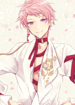 1boy chain choker clenched_teeth commentary earrings ensemble_stars! flower hands_on_own_hips highres hoop_earrings itsuki_shu jewelry koyagi_(cygmilk) looking_at_viewer male_focus official_alternate_costume pink_hair pink_petals purple_eyes red_choker red_ribbon ribbon shirt short_bangs short_hair smile solo teeth upper_body white_shirt