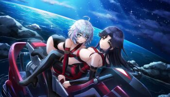 2girls all_fours ass asymmetrical_clothes asymmetrical_legwear bare_shoulders black_bodysuit black_hair bodysuit breasts cleavage closed_mouth copyright_notice crossed_legs detached_sleeves dolphin_wave game_cg grey_hair hair_between_eyes high_heels highres hirasaka_yuno jet_ski kurokuchi_muru large_breasts long_hair looking_at_viewer marvelous multicolored_eyes multicolored_hair multiple_girls night non-web_source ocean official_art ootomo_takuji parted_lips rainbow_eyes rock sky smile star_(sky) watercraft yellow_eyes