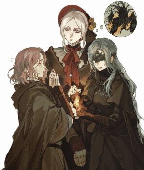 3girls absurdres ascot belt blindfold blindfold_mask bloodborne bonnet brown_capelet brown_cloak brown_gloves brown_hair brown_robe burning capelet cloak company_connection covered_eyes cowboy_shot crossover dark_souls_(series) dark_souls_iii doll_joints elbow_gloves elden_ring expressionless fingerless_gloves fire fire_keeper flying_sweatdrops from_side gloves grey_eyes hands_up highres jewelry joints long_hair long_sleeves looking_at_another mask melina_(elden_ring) multiple_girls neck_ribbon necklace plain_doll pyrokinesis ramiica red_ascot red_headwear ribbon robe short_hair simple_background smile speech_bubble standing thought_bubble wavy_hair white_background white_hair yellow_eyes