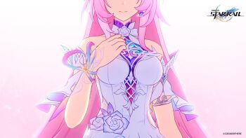 1girl armlet blue_flower blue_rose breasts copyright_name copyright_notice cyrene_(honkai:_star_rail) cyrene_(ripples_of_past_reverie)_(honkai:_star_rail) detached_sleeves dress earrings eyes_out_of_frame flower head_out_of_frame highres honkai:_star_rail honkai_(series) jewelry large_breasts layered_dress light_smile long_hair official_art pink_flower pink_hair pink_rose rose single_earring very_long_hair white_dress