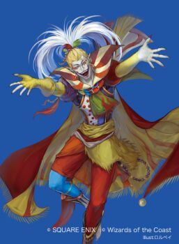 1boy artist_name asymmetrical_clothes blonde_hair blue_background blue_eyes blue_pants cape cefca_palazzo clown facepaint final_fantasy final_fantasy_vi fingerless_gloves foot_out_of_frame gloves magic:_the_gathering makitoyuito male_focus official_art open_mouth outstretched_arms pants pointy_ears ponytail red_pants smile solo square_enix two-sided_cape two-sided_fabric