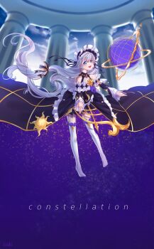 1girl :d absurdres black_dress blue_eyes cloud cloudy_sky cokibz commentary_request day dress frilled_dress frills full_body hair_ornament highres honkai_(series) honkai_impact_3rd long_hair looking_at_viewer open_mouth sky smile solo theresa_apocalypse theresa_apocalypse_(empyrean_psalms) thighhighs twintails white_hair white_thighhighs