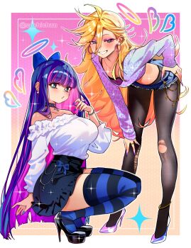 Rule 34 | 2girls, animal print, anklet, barbell piercing, bent over, black pantyhose, black shoes, blonde hair, blue bow, blue eyes, blue nails, blue shorts, blue skirt, blue thighhighs, blush, bow, breasts, bright pupils, closed mouth, colored inner hair, commentary, cross, cutoffs, denim, denim shorts, drawn halo, drawn wings, ear piercing, earrings, english commentary, eyeshadow, fashion, gradient background, grin, gyaru, hair between eyes, hair bow, halo, hand on own hip, hand on own knee, high heels, highres, hoop earrings, industrial piercing, jewelry, large breasts, leopard print, long hair, looking at viewer, makeup, micro shorts, miniskirt, multicolored hair, multiple girls, nail polish, o3o, off-shoulder shirt, off shoulder, outside border, panty &amp; stocking with garterbelt, panty (psg), pantyhose, piercing, pink eyeshadow, pink hair, pink nails, print shirt, pumps, purple eyes, purple hair, purple shirt, ring, sachichuu, shirt, shoes, shorts, siblings, sisters, skirt, smile, sparkle, sphere earrings, squatting, standing, stiletto heels, stocking (psg), striped clothes, striped thighhighs, thighhighs, torn clothes, torn pantyhose, twitter username, two-tone hair, very long fingernails, very long hair, white pupils, white shirt, y2k fashion, zettai ryouiki