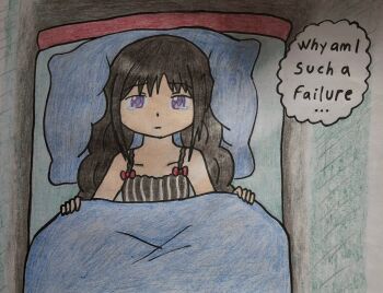 1girl akemi_homura bare_shoulders black_dress black_hair blue_pillow bow braid braided_twintails closed_mouth collarbone commentary dress dress_bow english_commentary english_text from_above highres long_hair looking_at_viewer lying mahou_shoujo_madoka_magica majka_626 on_back purple_eyes red_bow sidelocks sleeveless solo speech_bubble striped_clothes striped_dress tearing_up thought_bubble traditional_media under_covers upper_body vertical-striped_clothes vertical-striped_dress