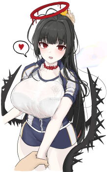 Rule 34 | 1girl, 1other, absurdres, arin6006, black hair, black wings, blood, blood halo, blue archive, blue shorts, bra visible through clothes, breasts, choker, cosplay, gym shirt, gym shorts, gym uniform, halo, hasumi (blue archive), hasumi (blue archive) (cosplay), hasumi (track) (blue archive), heart, highres, holding hands, huge breasts, liquid halo, low twintails, pale skin, red choker, red eyes, shirt, shorts, simple background, solo focus, speech bubble, spoken heart, trinity general school logo, tsurugi (blue archive), twintails, white background, wings