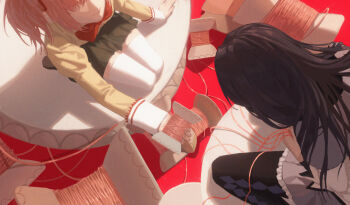 2girls absurdres akemi_homura akemi_homura_(magical_girl) argyle_clothes argyle_legwear black_footwear black_hair black_pantyhose black_skirt bow bowtie facing_down feet_out_of_frame film_grain frilled_skirt frills from_above giving hair_ribbon highres holding holding_string jacket juliet_sleeves kaname_madoka long_hair long_sleeves mahou_shoujo_madoka_magica mahou_shoujo_madoka_magica_(anime) mitakihara_school_uniform multiple_girls no_eyes outstretched_arm oversized_object pantyhose pink_hair puffy_sleeves purple_skirt red_background red_bow red_bowtie ribbon school_uniform seiza shoes short_hair short_twintails sitting skirt smile straight_hair string thighhighs twintails white_thighhighs yarn yayaziiii yellow_jacket