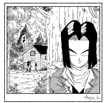 1girl 3boys android_17 android_18 artist_name closed_eyes closed_mouth crossed_arms dragon_ball dragonball_z fenyon greyscale male_focus monochrome multiple_boys polaroid_photo short_hair smile solo_focus son_goku tree upper_body vegeta