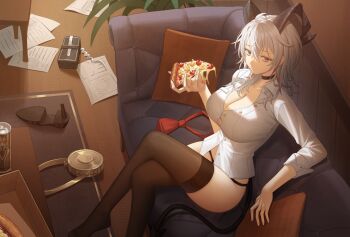 1girl black_choker black_horns black_panties black_thighhighs breasts button_gap can choker collarbone collared_shirt couch crossed_legs curled_horns dalmo_(pafe2444) drink_can food grey_hair hair_between_eyes highres holding holding_food holding_pizza horns indoors large_breasts long_hair multicolored_hair no_pants on_couch panties paper pineapple_on_pizza pizza red_eyes shirt shoes sitting solo streaked_hair thighhighs thighs underwear unworn_shoes white_shirt wuthering_waves zani_(wuthering_waves)
