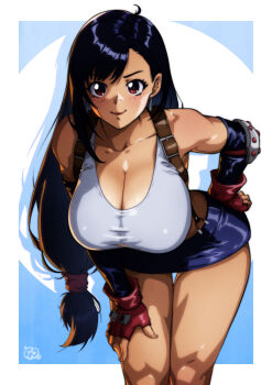 1girl absurdres bare_shoulders bent_over black_gloves black_hair black_skirt blue_background border breasts brown_eyes cleavage closed_mouth collarbone cowboy_shot crop_top earrings elbow_gloves elbow_pads final_fantasy final_fantasy_vii fingerless_gloves gloves gravydood hair_tie hand_on_own_hip hand_on_own_knee highres jewelry large_breasts light_blush long_hair looking_at_viewer low-tied_long_hair midriff miniskirt red_gloves shirt single_elbow_pad single_sidelock skirt sleeveless sleeveless_shirt smile solo suspenders thigh_gap tifa_lockhart white_border white_shirt
