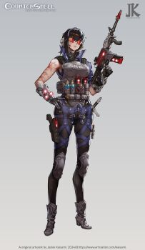 1girl absurdres ammunition ammunition_pouch armor assault_rifle asymmetrical_clothes asymmetrical_sleeves black_hair body_armor bottle breasts bullet bulletproof_vest can carbine earmuffs english_text facial_scar fantasy gauntlets gloves glowing glowing_ammunition glowing_bullet glowing_magazine_(weapon) glowing_weapon gun handgun hat highres holding holding_gun holding_weapon holster knee_pads leg_holster long_hair looking_at_viewer magazine_(weapon) medium_breasts original pistol potion pottsu pouch rifle scabbard scar scar_on_arm scar_on_cheek scar_on_face scroll scroll_tube sheath short_sword simple_background sunglasses sword thigh_holster translated weapon white_background window_magazine