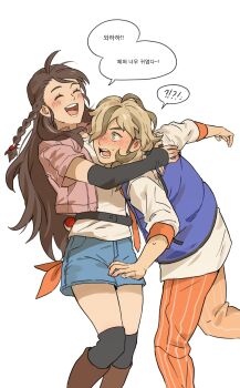 1boy 1girl :d aged_up arven_(pokemon) blue_shorts blue_vest blush boots braid brown_footwear brown_hair ch_walnut closed_eyes eyelashes fingerless_gloves gloves hair_over_one_eye highres jacket juliana_(pokemon) korean_text long_hair nintendo open_clothes open_jacket open_mouth orange_pants over-kneehighs pants pink_jacket pokemon pokemon_sv shirt shorts smile speech_bubble teeth thighhighs tongue translation_request vest white_shirt