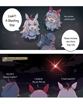 1other 2girls aerial_fireworks ahoge animal_ears armor black_gloves blue_armor blue_eyes blue_hairband commentary crimson_glow_valstrax crossed_arms crossover ear_covers ear_ornament english_commentary english_text fake_horns fang fireworks gloves grey_hair grey_kimono grey_tail hair_between_eyes hairband headband helmet highres horned_helmet horns horse_ears horse_girl horse_tail japanese_clothes kimono long_hair long_sleeves monster_hunter_(character) monster_hunter_(series) multicolored_hair multicolored_hairband multiple_girls night oguri_cap_(umamusume) pointing pointing_up red_headband ruuwak sky smile speech_bubble striped_clothes striped_hairband tail tamamo_cross_(umamusume) two-tone_hairband umamusume weapon