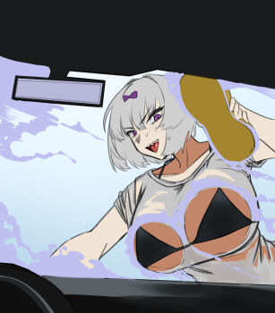 1girl against_glass bikini bikini_under_clothes black_bikini bow breast_press breasts breasts_on_glass car commentary_request foam hair_bow highres kira_(project_moon) korean_commentary large_breasts limbus_company motor_vehicle open_mouth pov project_moon purple_eyes rhlatm sharp_teeth shirt sky sponge swimsuit teeth tongue washing_vehicle wet wet_clothes wet_shirt white_hair