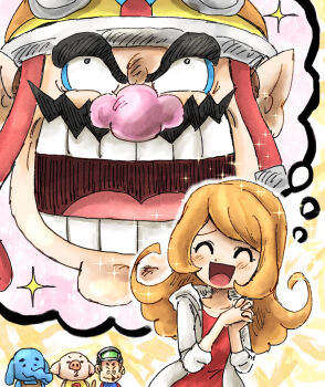 1boy 1girl blush coat dress elephant helmet highres kicdon laughing mona_(warioware) monkey nintendo orange_hair pig speech_bubble thought_bubble wario warioware