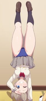 1girl absurdres black_socks blue_eyes blue_one-piece_swimsuit blush breasts brown_hair brown_shoes cameltoe competition_swimsuit grey_hair handstand highres linatai looking_at_viewer love_live! love_live!_sunshine!! lycoris_challenge_(meme) lycoris_recoil medium_breasts meme one-piece_swimsuit one_arm_handstand parody salute scene_reference school_uniform serafuku shirt shoes short_hair skirt smile socks solo swimsuit swimsuit_under_clothes thighs upside-down uranohoshi_school_uniform watanabe_you