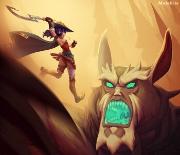 1boy 1girl absurdres angry aqua_eyes armband armor armored_boots artist_name bandaged_arm bandaged_leg bandages battle blue_hair boots boss_fight breasts cape colossus commentary commission dang_(runescape) duellist&#039;s_cap_(tier_6) english_commentary fingerless_gloves full_body giant gladiator gloves glowing_hat gold_trim greaves green_cape hat highres holding holding_sword holding_weapon khopesh leotard long_hair medium_breasts monster mulebris old_school_runescape original pine_tree poleyn red_armband red_leotard runescape second-party_source sharp_teeth size_difference sword teeth thick_eyebrows tree upskirt weapon yellow_eyes