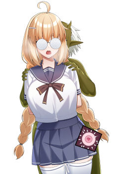 1boy 1girl absurdres aesc_(fate) aesc_(rain_witch)_(fate) ahoge arms_behind_back blue_skirt braid breasts clenched_teeth coke-bottle_glasses colored_skin commission commissioner_upload cum cum_on_body cum_on_legs fate/grand_order fate_(series) fertilization glasses goblin green_skin hands_on_another&#039;s_shoulders heavy_breathing hetero highres impregnation large_breasts leiva non-web_source open_mouth ovum ovum_with_heart pleated_skirt pointy_ears rape restrained school_uniform skirt teeth thighhighs tongue twin_braids