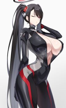 1girl black_bodysuit black_hair black_halo blue_archive blunt_bangs blush bodysuit breasts bright_pupils commentary_request halo highres huge_breasts long_hair looking_at_viewer multicolored_halo official_alternate_costume official_alternate_hairstyle one_eye_closed open_bodysuit open_clothes ponytail red_eyes ringed_eyes rio_(armed)_(blue_archive) rio_(blue_archive) simple_background skin_tight solo standing steam steaming_body suigetu26 sweat two-tone_halo very_long_hair white_background white_pupils