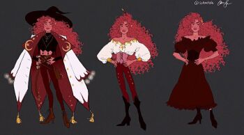 1boy arcanegold belt_bag black_boots black_bridal_gauntlets black_corset black_hat black_nails black_shirt boots bracelet bridal_gauntlets brown_bag brown_boots closed_mouth clothes_variants coat collared_coat colored_skin corset crescent crescent_hair_ornament crescent_necklace crescent_print cropped_shirt curly_hair dress dungeons_&amp;_dragons elf fantasy frilled_dress frills full_body gold_bracelet gold_buttons gold_choker gold_necklace gold_trim grey_background hair_ornament hair_stick half_up_bun hands_on_own_hips hat high_collar high_heel_boots high_heels implied_cuntboy jewelry knee_boots lace-up_boots long_coat long_sleeves looking_to_the_side midriff mole mole_above_mouth multicolored_coat multiple_necklaces multiple_views necklace off-shoulder_dress off-shoulder_shirt off_shoulder original overcoat pants pink_corset pink_hair pink_skin poet_shirt pointy_ears puffy_long_sleeves puffy_short_sleeves puffy_sleeves red_coat red_pants red_skirt reference_sheet shirt short_sleeves signature sketch skirt smile star_(symbol) star_print tassel turtleneck two-tone_coat wesley_(arcanegold) white_coat white_shirt wizard