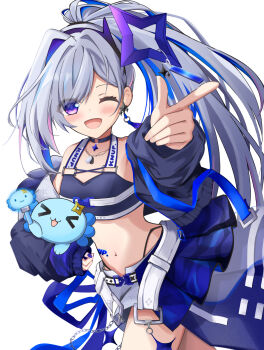 1girl amane_kanata amane_kanata_(lock_on) bare_shoulders belt black_choker black_jacket black_sports_bra blue_hair blue_halo blue_wings blush breasts choker collarbone commentary_request crossed_bangs earrings gradient_hair gradient_wings grey_hair hair_between_eyes halo heart highres hololive jacket jewelry long_hair long_sleeves looking_at_viewer midriff mini_wings multicolored_hair multicolored_wings navel necklace o-ring o-ring_choker official_alternate_costume one_eye_closed open_mouth purple_eyes ring short_shorts shorts simple_background single_hair_intake small_breasts smile solo sports_bra star_(symbol) star_halo stomach tilted_halo upao_(amane_kanata) virtual_youtuber white_background white_belt white_hair white_shorts wings yukinayu_0123