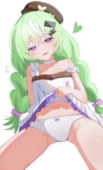 1girl absurdres braid clothes_lift commentary dress dress_lift green_hair hat highres lifting_own_clothes long_hair nazuna_(stella_sora) panties shusuchii simple_background solo stella_sora twin_braids underwear white_background white_dress white_panties