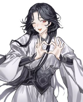 1boy absurdres black_hair chamuring chinese_clothes commentary_request curtained_hair heart heart_hands highres korean_commentary long_hair long_sleeves looking_at_viewer luo_binghe male_focus one_eye_closed open_mouth red_eyes renzha_fanpai_zijiu_xitong simple_background solo white_background wide_sleeves