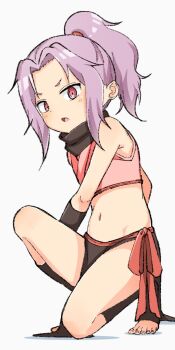 1girl bare_shoulders black_scarf black_skirt black_socks blush cropped_kimono dot_nose female_focus flat_chest from_side full_body grey_background japanese_clothes kimono kosode kunoichi_tsubaki_no_mune_no_uchi loli looking_at_viewer looking_to_the_side medium_hair midriff navel ninja on_one_knee pelvic_curtain pink_eyes pink_kimono ponytail purple_hair sazanka_(kunoichi_tsubaki_no_mune_no_uchi) scarf sideways_glance simple_background skirt sleeveless sleeveless_kimono socks solo surprised tanuki_noyama toeless_legwear toenails toes