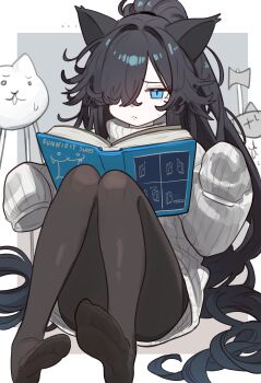 ... 1girl absurdres animal_ears axe_cat_(nyanko_daisensou) black_hair black_pantyhose blue_eyes book cat_ears cat_girl closed_mouth ebora feet flipped_hair gross_cat_(nyanko_daisensou) hair_over_one_eye highres kasli_(nyanko_daisensou) knees_up legs long_hair long_sleeves loss_(meme) meme no_shoes nyanko_daisensou one_eye_covered open_book pantyhose sitting sleeves_past_fingers sleeves_past_wrists soles solo sweater toe_seam toes very_long_hair white_sweater