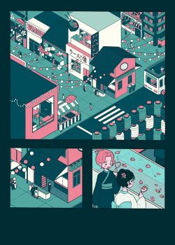 alien_stage black_hair coldmeow commentary english_commentary fish hair_bun highres japanese_clothes kimono lantern mizi_(alien_stage) multiple_girls paper_lantern pink_hair shop sua_(alien_stage) tagme water