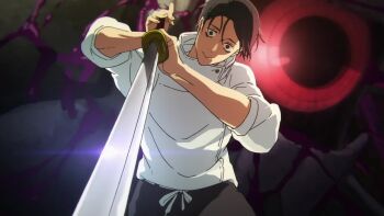 2boys animated battle blood destruction itadori_yuuji jujutsu_kaisen multiple_boys okkotsu_yuuta sword tagme video weapon