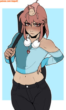 1girl black_bag black_pants blue_background blue_shirt blush border cowboy_shot cropped_shirt denim eyelashes frown hair_between_eyes hand_on_own_hip headphones headphones_around_neck highres jakuzure_nonon jeans kill_la_kill lips long_sleeves looking_at_viewer medium_hair midriff monkey navel nose outline pants patreon_username pink_hair plectrum_necklace red_eyes shirt sidelocks simple_background single_bare_shoulder solo stopu white_border white_outline