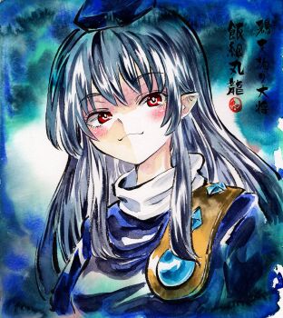 Rule 34 | 1girl, armor, black hair, blue dress, blue hat, blush, closed mouth, commentary request, dress, hat, highres, iizunamaru megumu, kabaji, long hair, looking at viewer, one-hour drawing challenge, pauldrons, pointy ears, red eyes, shoulder armor, single pauldron, smile, solo, tokin hat, touhou, traditional media, translation request, upper body