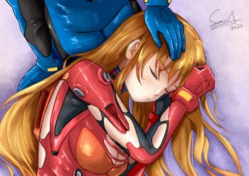 1boy 1girl 2024 aged_up artist_request blush bodysuit breasts brown_hair caressing_hair cleavage dated embarrassed evangelion:_3.0+1.0_thrice_upon_a_time feet_out_of_frame hair_between_eyes hair_down highres ikari_shinji lap_pillow long_hair lying lying_on_person mecha_pilot_suit medium_breasts neon_genesis_evangelion night no_headgear out_of_frame plugsuit_(evangelion) rebuild_of_evangelion red_bodysuit sitting souryuu_asuka_langley torn_bodysuit torn_clothes wide_hips