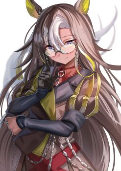 1girl ame_sagari animal_ears blue_eyes blush brown_coat brown_hair closed_mouth coat collared_shirt commentary_request dream_journey_(reminder_of_dreamland)_(umamusume) dream_journey_(umamusume) eyewear_strap glasses gloves hair_between_eyes highres horse_ears horse_girl horse_tail long_hair long_sleeves looking_at_viewer multicolored_hair puffy_sleeves red_shirt shirt simple_background single_glove single_hair_intake smile solo streaked_hair tail umamusume white_background white_hair white_streaks