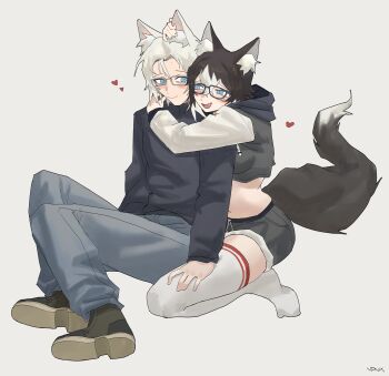 19vodnik 1boy 1girl absurdres animal_ear_fluff animal_ears black-framed_eyewear black_hair blue_eyes commentary commission couple english_commentary fox_boy heart highres hug hug_from_behind ko_winters long_sidelocks medium_hair mole mole_under_eye multicolored_hair original rectangular_eyewear seiza sidelocks sitting spoken_heart tail white_hair white_streaks wolf_ears wolf_girl wolf_tail